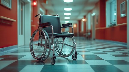Obraz premium An empty wheelchair folded beside a hospital hallway, intended for patient or disability service.