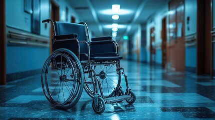 Obraz premium An empty wheelchair folded beside a hospital hallway, intended for patient or disability service.