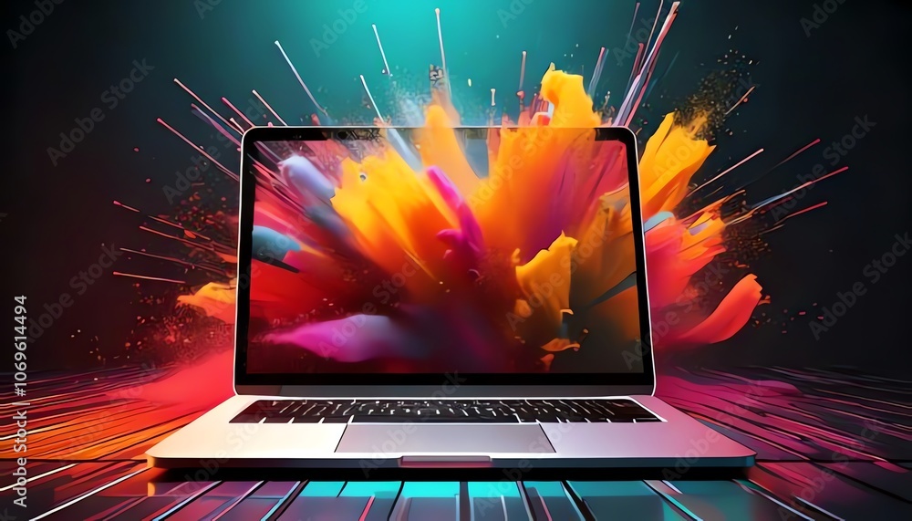 Poster a vibrant laptop with colorful abstract graphics exploding from the screen, set against a dark, dyna