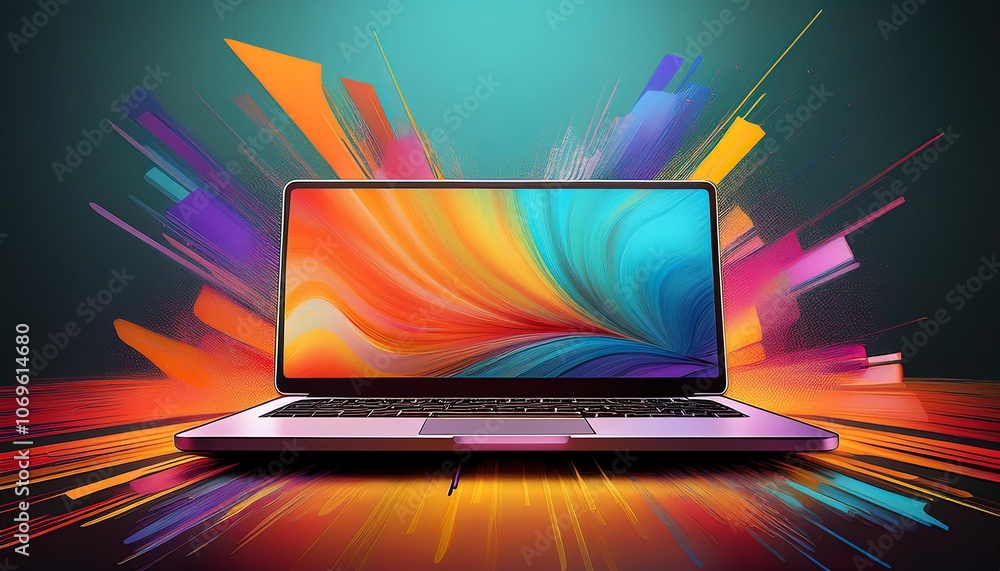 Fototapete A vibrant laptop with an explosion of colors around it, symbolizing creativity and technology in a dynamic digital environment.