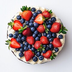 Obraz premium A top view of a round cake decorated with strawberries, blueberries, and whipped cream on a white background.