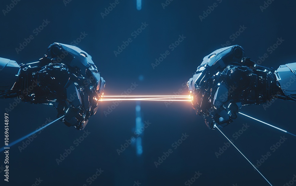 Poster two robotic hands reach towards each other with a beam of light connecting them, representing connec