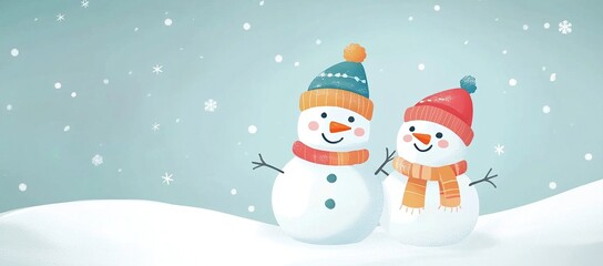 Two happy snowmen standing in the snow with falling snow.