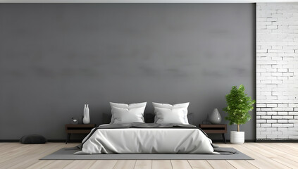 A minimalist bedroom featuring a gray wall, bed, and indoor plant for a serene atmosphere.