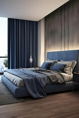 A modern bedroom with a cozy atmosphere, featuring blue tones and large windows.