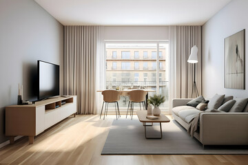 Fototapeta premium Modern living room with a cozy sofa, dining area, and large window for natural light.