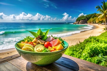 Obraz premium Bali Greenbowl Beach, Clear Sky, Blue Sea, Food Photography