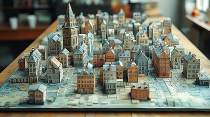 An imaginary map reflects themes of land records and property registration, showcasing various buildings and land parcels.