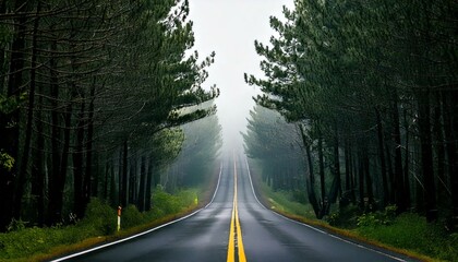 Obraz premium Paisaje de pinos y carretera con niebla