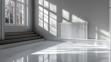 An interior element highlights a radiator against a sleek white epoxy floor.