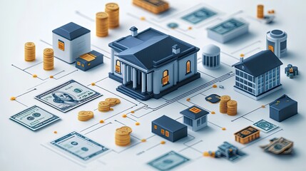 Fototapeta premium An isometric infographic design showing financial flow, illustrating how cash circulates through different systems, with clean and informative visuals for educational purposes.