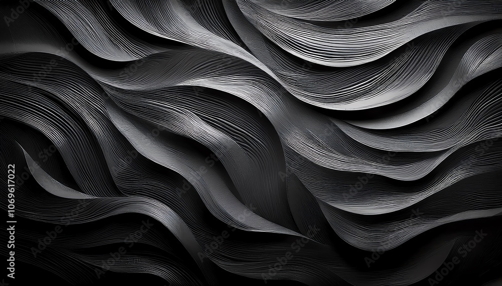 Poster abstract black and white wave pattern featuring fluid, undulating shapes with intricate details, cre
