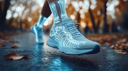 An orthopedic x-ray interface is overlaid on a runner's figure, highlighting the medical treatments available for bone and joint injuries, focusing on healthcare and sports medicine.