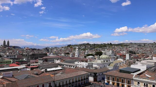 Quito, Ecuador. Central Plaza Catholic cathedral basilica San Francisco church in historic center.