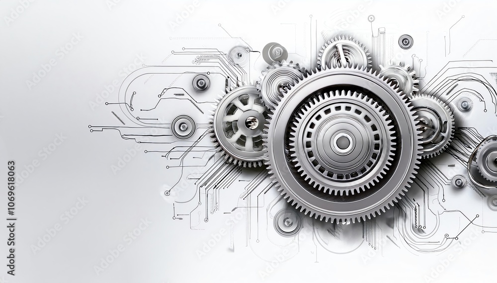 Aufkleber a sleek design featuring metallic gears and circuit patterns, symbolizing technology and industry.