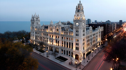 Naklejka premium Historic Building with Clock Tower in City Skyline, architecture, cityscape, urban, landmark, landmark building