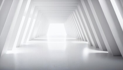 Fototapeta premium A futuristic, minimalist interior with bright lighting, showcasing geometric white pillars and a reflective surface, creating an open, spacious atmosphere.