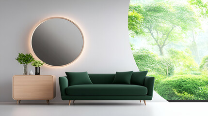 Beige living room interior with green sofa, dresser and panoramic window