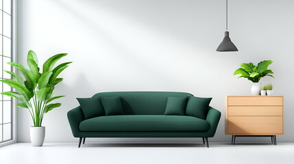 Beige living room interior with green sofa, dresser and panoramic window