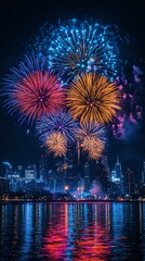 A vibrant display of fireworks explodes over a cityscape at night, reflecting in the water.