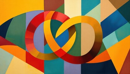 abstract composition with interlocking geometric shapes in vibrant colors, symbolizing balance and harmony.