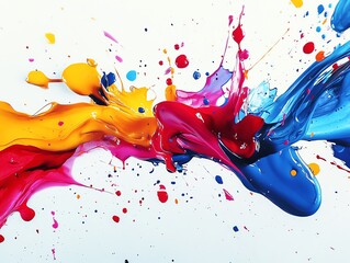A vibrant explosion of yellow, magenta, cyan and blue paint splatters against a white background.