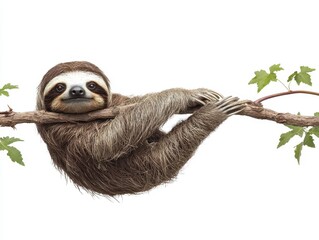 Fototapeta premium Sloth hanging from a branch, white isolated background.