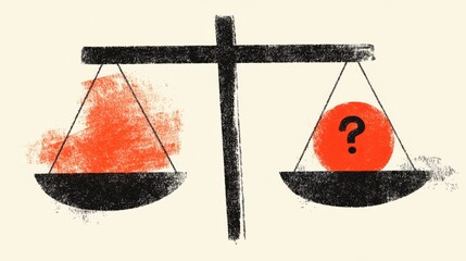 abstract illustration of scales of justice with question mark and globe. related to uncertainty, new world, challenges and difficulties.