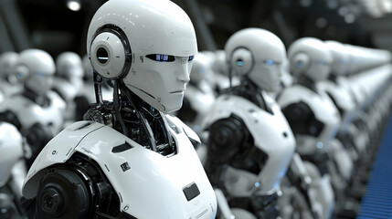 Fototapeta premium Row of Humanoid Robots, android, androids, cyborg, cyborgs, artificial intelligence