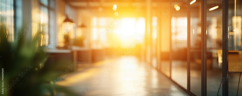 Poster blurred view of a modern office with sunlight streaming through windows.