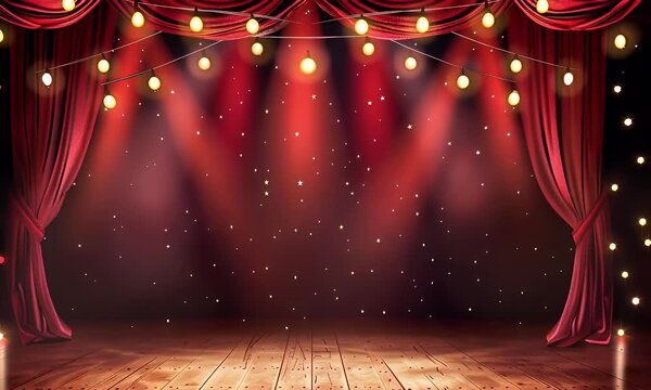 Red stage curtain with lights and wood floor background for theater performance or show vector illustration