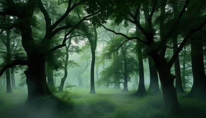 abstract forest scene with overlapping layers of trees and foliage in a mystical, otherworldly style..