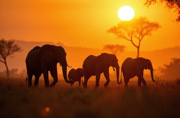 Fototapeta premium silhouette of elephants at sunset