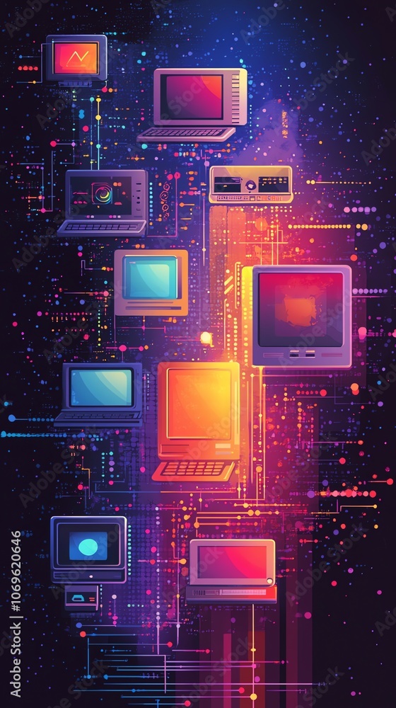 Poster a vibrant pixel art illustration depicting a timeline of computer technology evolution, from the ear