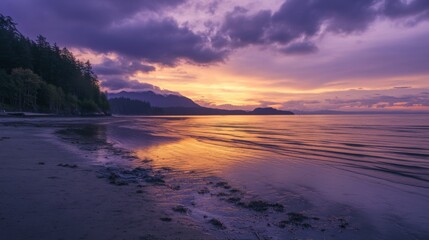 Fototapeta premium Purple Sunset Over Ocean Beach With Mountains