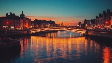 Obraz premium A serene evening view of a city bridge reflecting lights in a river at sunset.