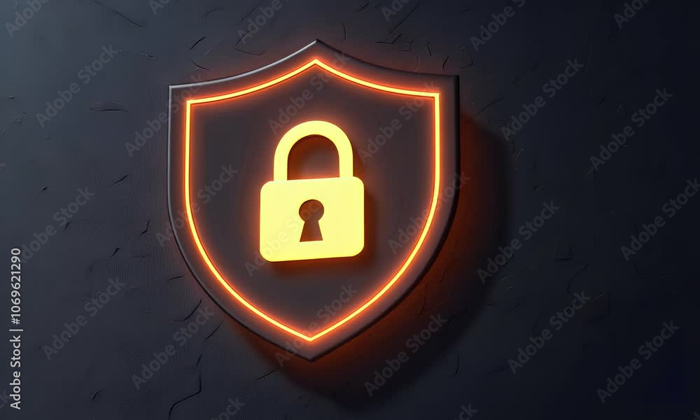 Poster 3d security shield with padlock icon on dark background, digital technology and data protection conc