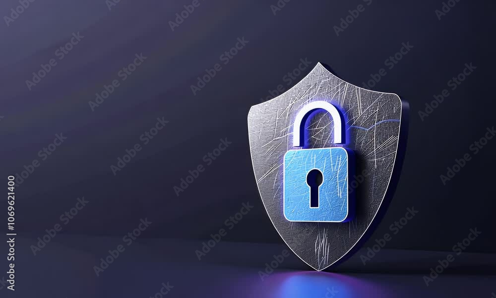 Sticker 3d security shield with padlock icon on dark background, digital technology and data protection conc