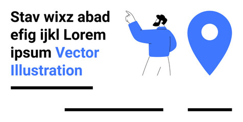 Businessman points at blue location pin next to placeholder text. Ideal for navigation websites, business presentations, marketing materials, travel blogs, educational content, maps, and mobile UI