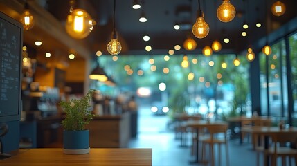 Blurred background of a coffee bar restaurant interior, highlighting a caf&eacute; ambiance with bokeh effects.