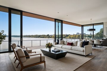 Fototapeta premium Modern Riverbank Home with Luxury Furnishings and Breathtaking Views