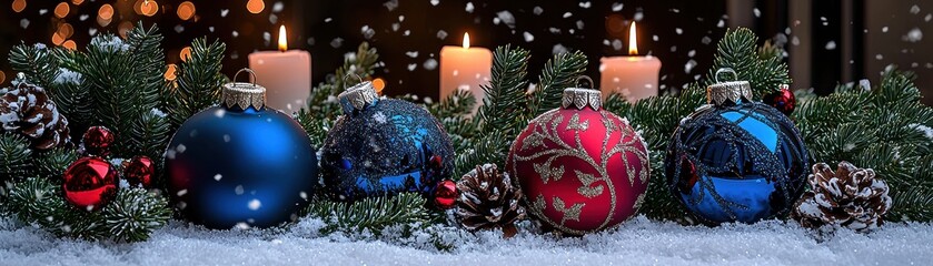 Frosty Evergreen with Red Holiday Ornaments