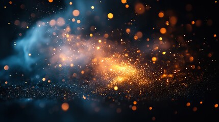 Fototapeta premium Bright blue and yellow sparks against a black background create a magical effect.