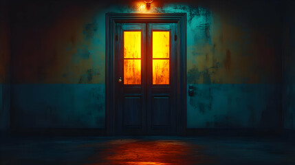 Dark Room with Glowing Doorway 3D Illustration