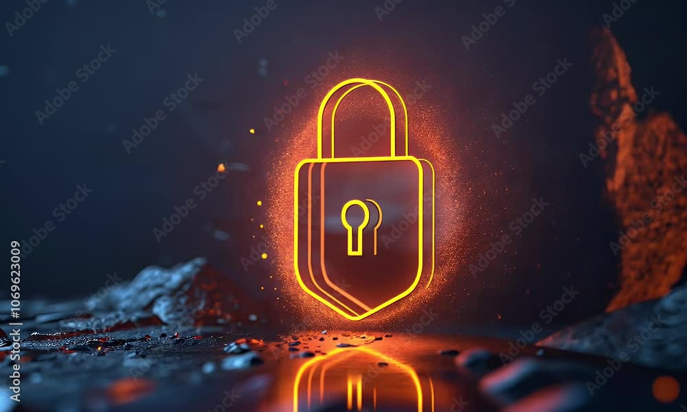Poster 3d security shield with padlock icon on dark background, digital technology and data protection conc