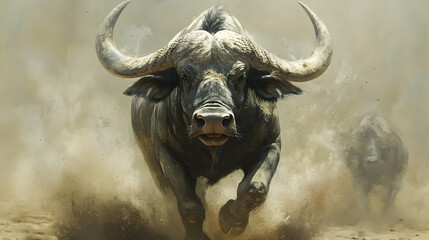 African Buffalo Charging Through Dust, cape buffalo, dust cloud, dust storm, running, wild animal
