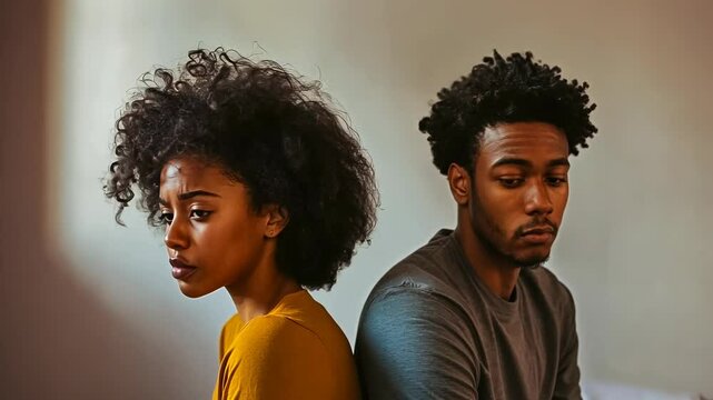 A young Black couple sits back to back, portraying emotional distance in a neutral-toned room. Their expressions suggest unresolved conflict during daytime.