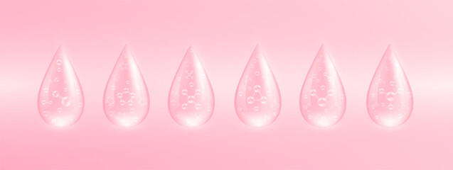 Molecule in water drop collagen solution pink. Vitamins complex Hyaluronic acid Moisturizer from nature. Used for design cosmetic products. Beauty skin care ads. Medical scientific. 3D Vector.
