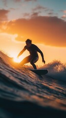 Gen Z Surfer Riding a Wave at Sunset in Futuristic Wetsuit