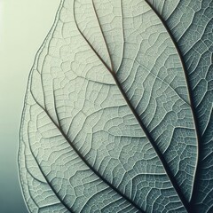 Fototapeta premium Close-up of a leaf's intricate structure, revealing a network of delicate veins against a soft, pale backdrop. The translucence highlights the texture, with fine lines creating a web-like pattern.